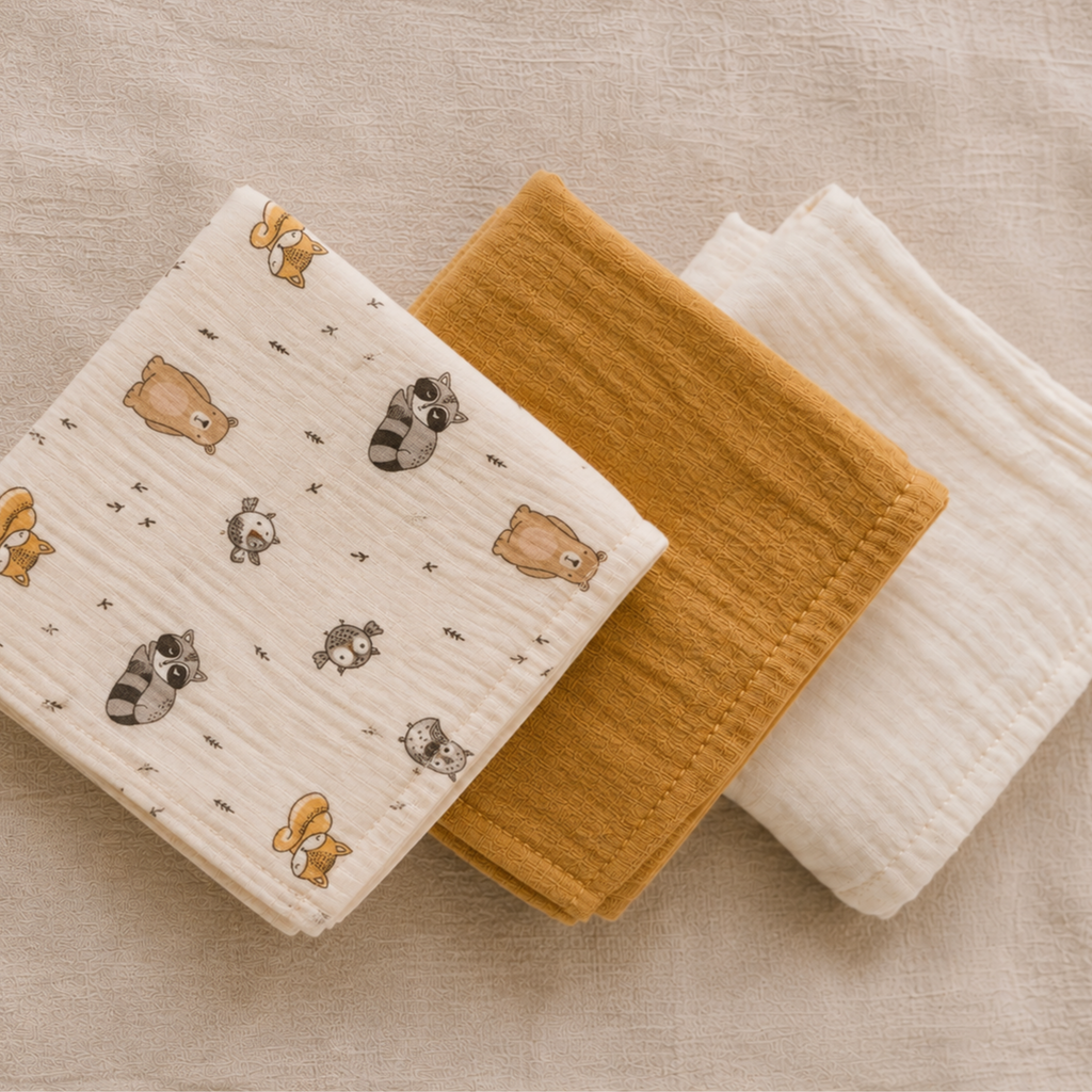 Set de recibidores en muselina, 3 unidades, Animales del Bosque